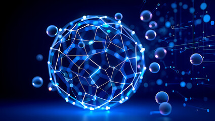 A glowing blue sphere composed of interconnected lines and nodes represents a complex network, symbolizing global communication and technological advancement