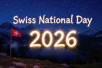 Swiss National Day 2026 Sparkler Text and Flag Over Mountain Lake Landscape Night Sky