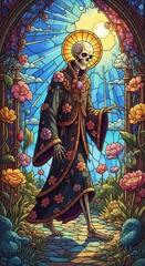 Fototapeta premium A stained glass-style skeleton figure in floral robes walks through a vibrant garden under radiant sunlight, blending gothic and natural themes in bright colors.