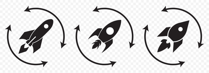 Startup icon line art, vector set. Rocket icon. Rocket launched icon vector. Set of rocket vector icons. Launch spaceship or spacecraft. Rocket fast flying for space. New business start up. EPS 10.