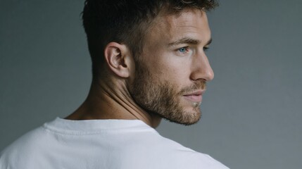 Bearded man in white shirt looking back over shoulder