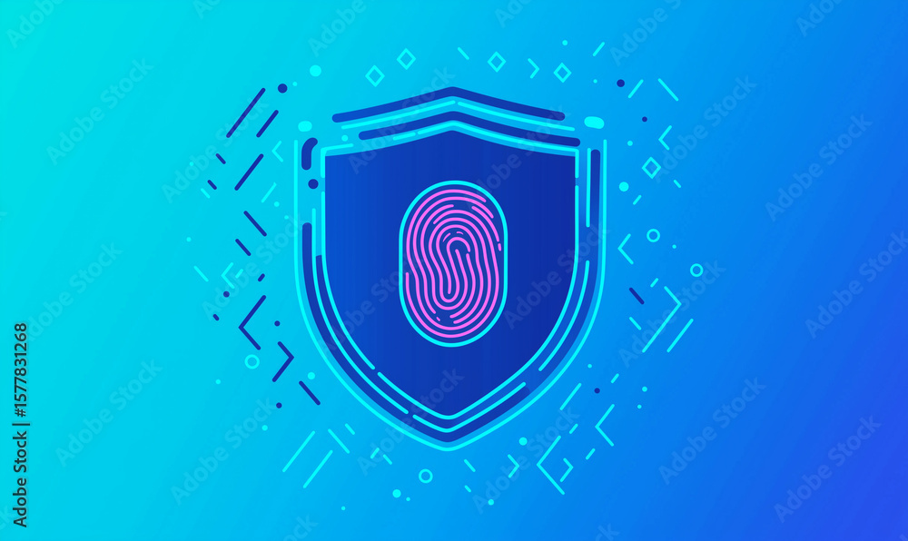 Poster digital security shield featuring a fingerprint design, symbolizing protection and authentication in