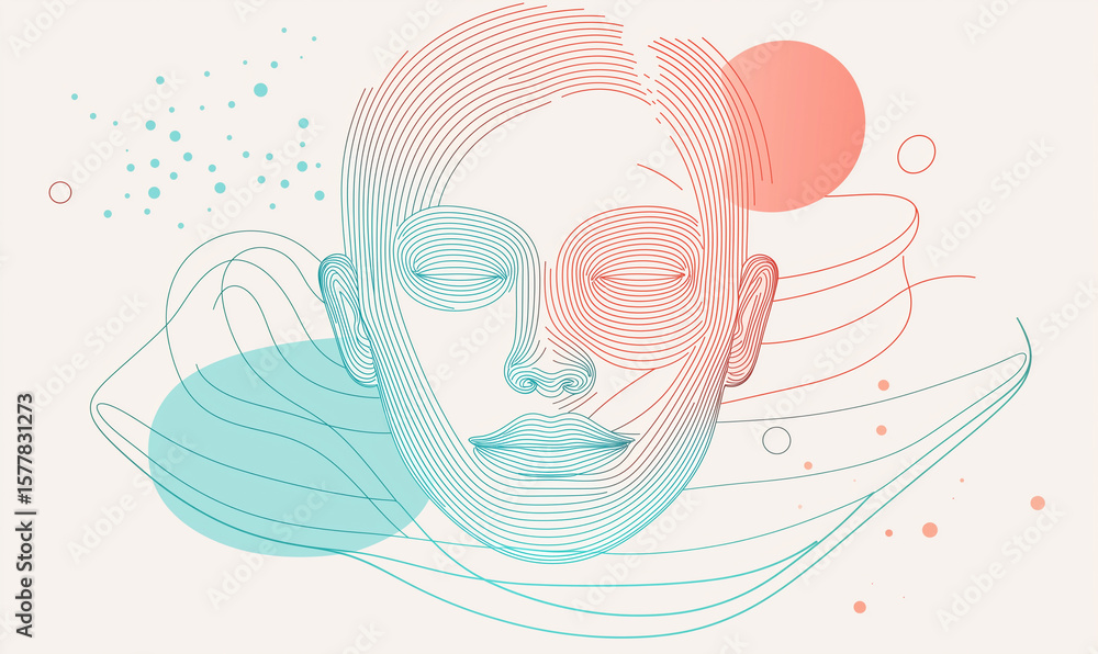 Aufkleber abstract line drawing of a face with colorful geometric shapes and wavy patterns in a minimalist sty