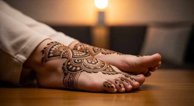 Intricate henna designs adorn bare feet resting on a wooden floor, illuminated softly by warm ambient light in a cozy setting.
