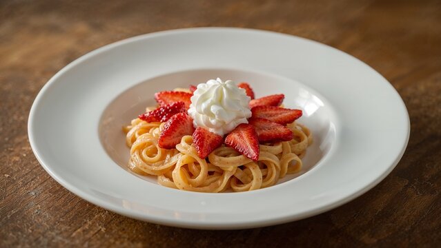 This image shows a pasta dish, possibly fettuccine, topped with a scoop of white ice cream or cream, and garnished with sliced fresh strawberries on a wide-rimmed white plate.
