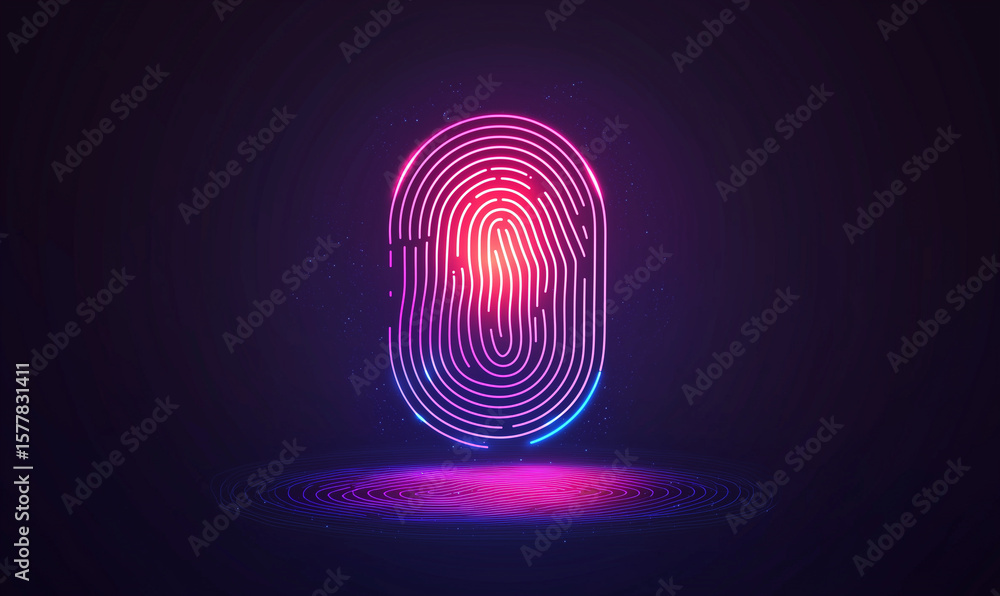Poster a vibrant digital fingerprint design with glowing lines and particles, symbolizing security and tech
