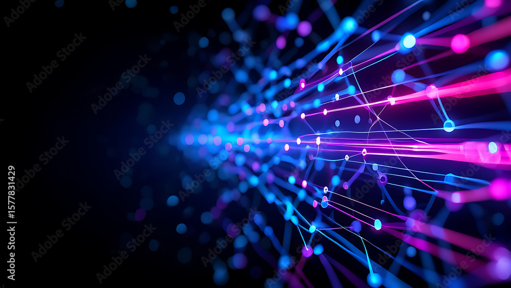 Poster a vibrant abstract background with glowing lines and dots, representing digital data flow and futuri
