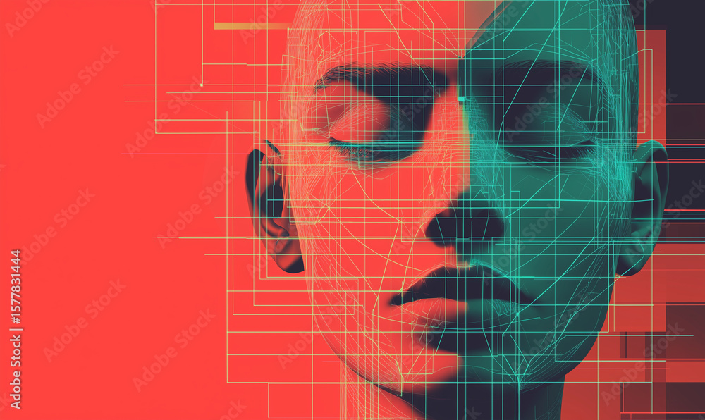Poster abstract digital art featuring a face composed of geometric lines and shapes against a vibrant red b