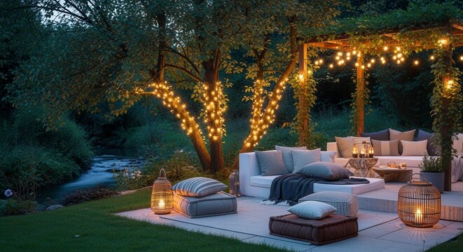 Cozy outdoor patio at dusk with string lights wrapped around trees, comfortable seating, cushions, and lanterns near a flowing river.