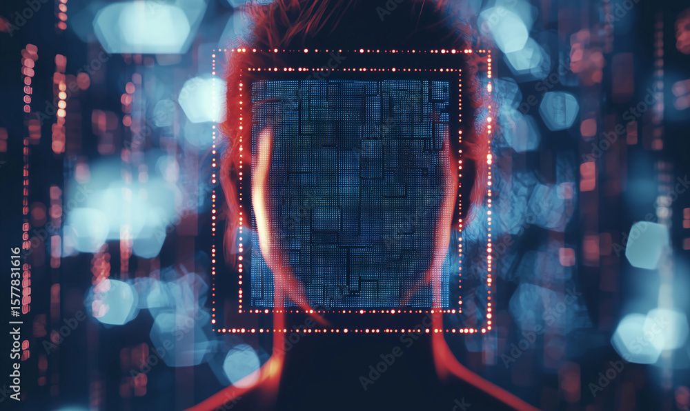 Fototapete a digital representation of a person with a pixelated face, set against a backdrop of abstract light