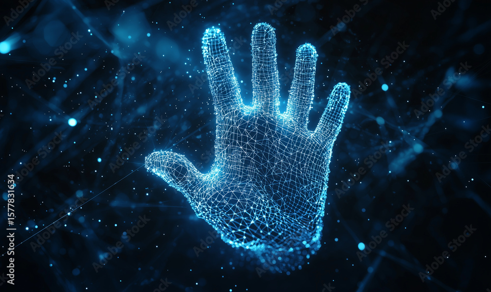 Poster a digital hand print composed of glowing lines and particles, symbolizing technology and connectivit