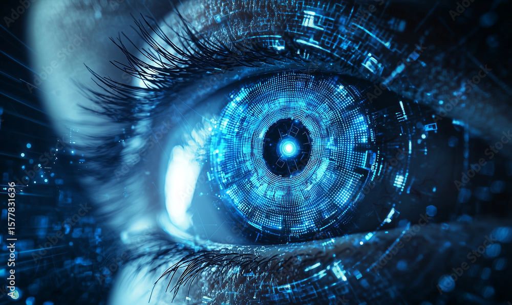 Aufkleber a futuristic eye design embedded with digital patterns and glowing elements, symbolizing technology 