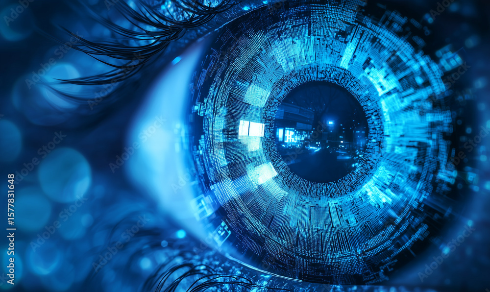 Aufkleber digital eye design with a blue color scheme, featuring intricate patterns and glowing elements, symb