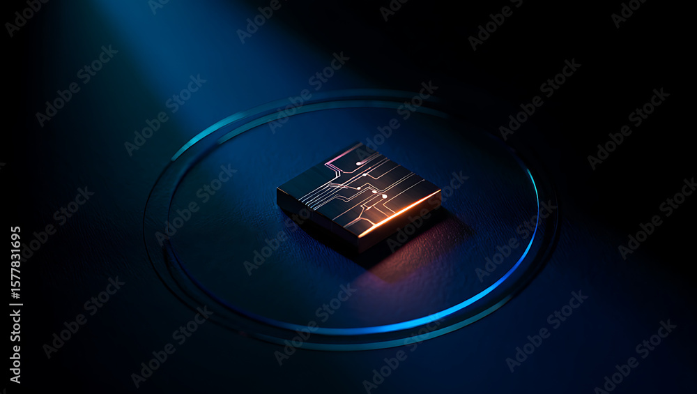 Poster a closeup of a microchip on a blue surface, illuminated by a beam of light, showcasing the intricate
