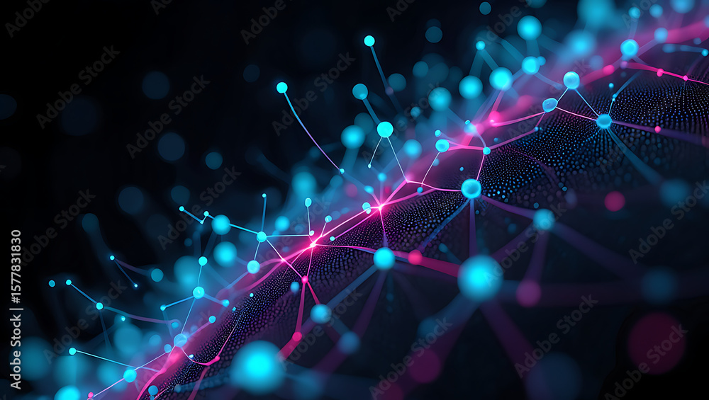 Poster an abstract network of glowing blue and pink lines and dots, creating a futuristic and technological