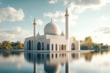 Obraz premium Modern minimalist mosque reflecting in serene lake surrounded by lush greenery, Mosque with a lake with a modern minimalist design Can be used as a Ramadan background timelapse