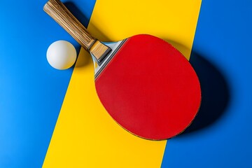 Ping Pong Paddle and Ball on Yellow and Blue Background