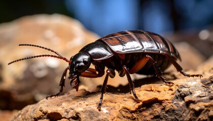 Close-up of a dark-colored beetle on rocks