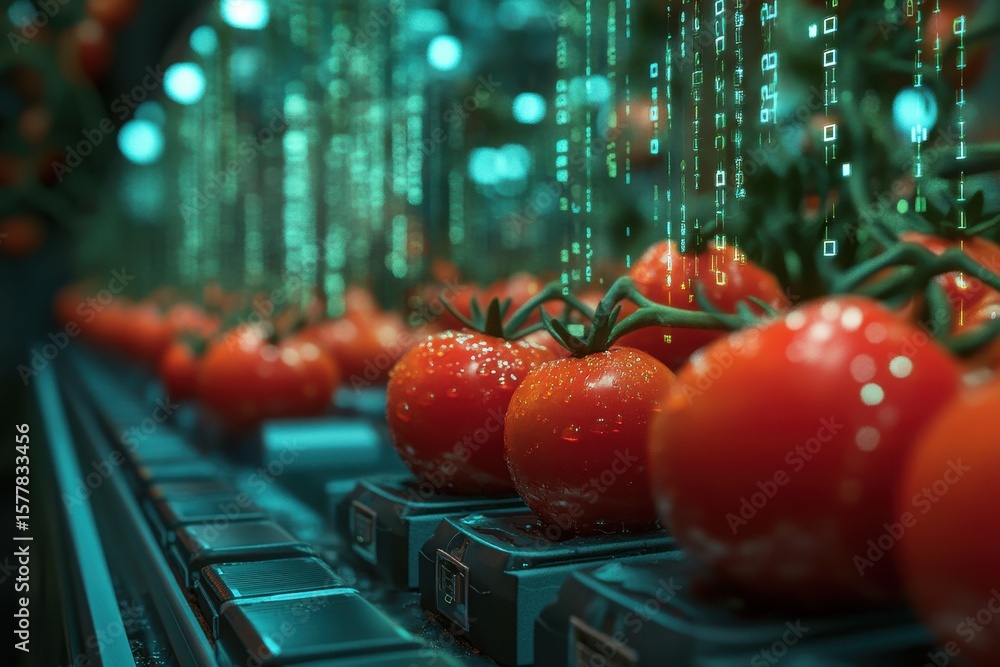 Poster data processing of fresh tomatoes on an automated conveyor belt in a modern facility, data processin