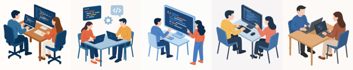Isometric Illustration of Software Development Team at Work on Computer