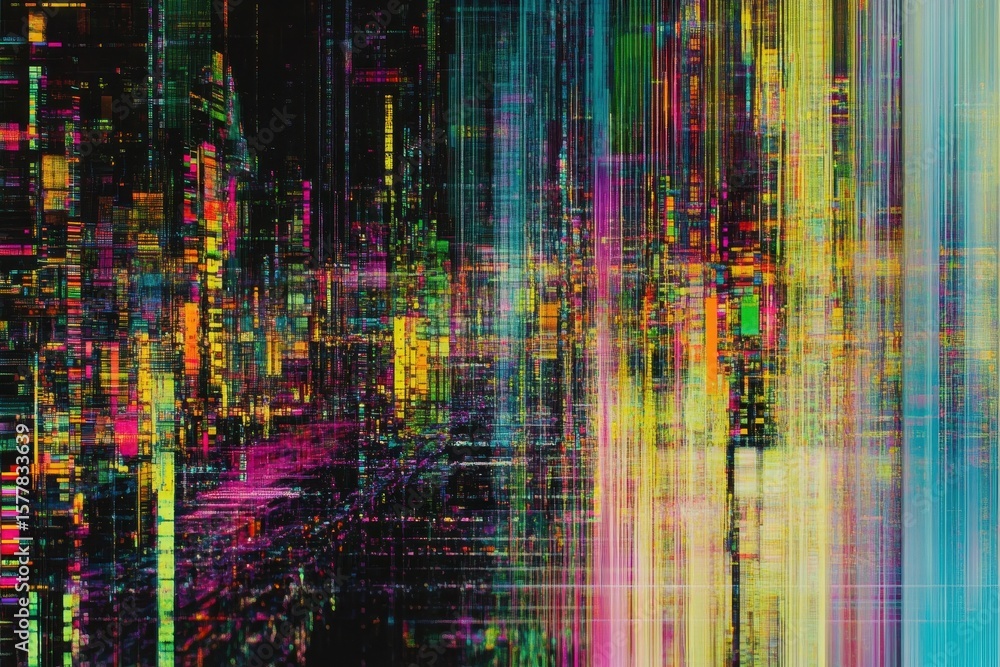 Aufkleber overlay of data moshed glitches creating vibrant patterns and static effects in a digital realm, 4k 