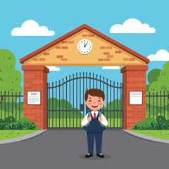 Happy Schoolboy Standing at School Gate in Uniform Flat Vector Illustration
