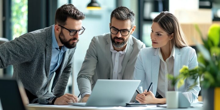 Business worker team—female professional and two male colleagues—having strategic discussion around laptop in professional office setting, reviewing plans and ideas - Powered by Adobe