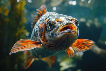 Obraz premium Close up of a carp head floating calmly in underwater habitat, Close up of carp head relaxing underwater