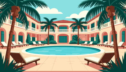 Summer hotel courtyard with palm trees, loungers, and pool, flat vector