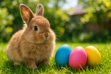Obraz premium Brown Bunny with Colorful Easter Eggs on Grass