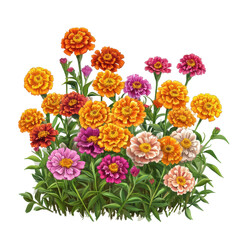 Obraz premium Colorful flowers bush of marigolds and zinnias, vibrant bush featuring blooming marigolds and zinnias in various colors, isolated on transparent background