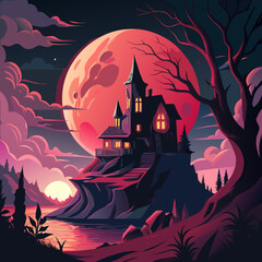 Spooky haunted mansion on a cliff under a giant red moon at night