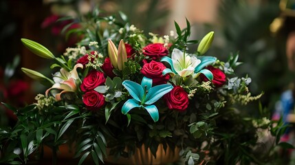 Vibrant Red Roses and Teal Lilies Flower Arrangement