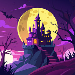 Spooky haunted castle on a hill under a large full moon with bats