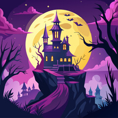 Spooky haunted castle on a cliff under a large full moon with bats flying