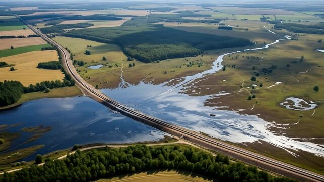 Aerial view, Video of an oil pipeline leak in a large agricultural area. Environmental disaster footage, industrial accident illustrations, oil industry issues, and eco-awareness campaigns.