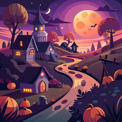 Enchanting halloween village scene with a winding road under a large full moon