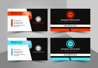 Dynamic and modern business card template featuring a bold design with a unique curved accent. Available in two eye-catching color schemes: vibrant black and orange for energy, and cool black and blue
