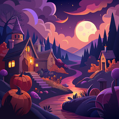 Enchanting halloween village scene with pumpkins and a full moon at dusk