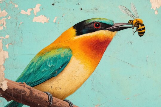 Colorful beeeater perched on a branch holding a bee in its beak, bee-eater with colorful feathers sits with a bee in its beak