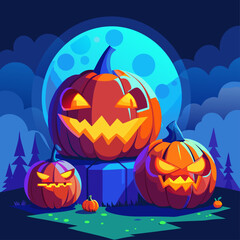 Three spooky jack o lanterns glow under a full moon on halloween night