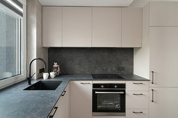 Modern luxury kitchen interior in minimal scandinavian style, 3d render