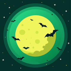 Spooky Halloween night with a vector illustration of a moon and flying bats silhouette