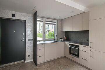 Modern luxury kitchen interior in minimal scandinavian style, 3d render