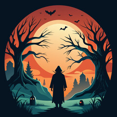 Mysterious cloaked figure stands in a spooky halloween landscape with bats and a full moon