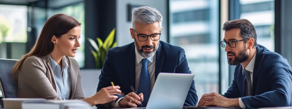 Office professionals including woman and two men gathered around laptop, presenting project report and discussing KPIs during a corporate planning session