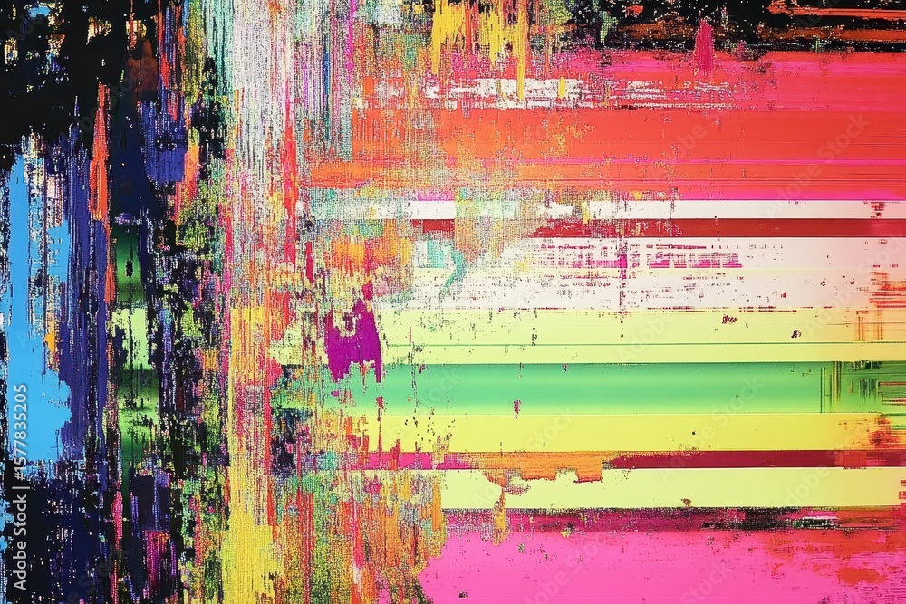 Poster colorful glitch art showcasing unique abstract designs with vibrant noise patterns, unique design ab