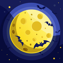 Spooky halloween night with a large full moon and flying bats