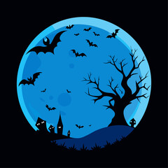Spooky halloween night with bats flying around a full moon and haunted houses