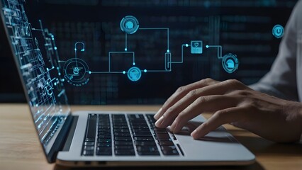 floating digital icons representing cybersecurity, cloud storage, and data protection—highlighting modern technology and secure computing.